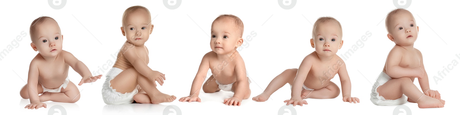 Cute little baby on white background, collage Image of Cute little baby on white background, collage