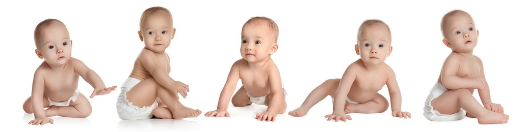 Image of Cute little baby on white background, collage