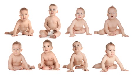 Image of Cute little baby on white background, collage