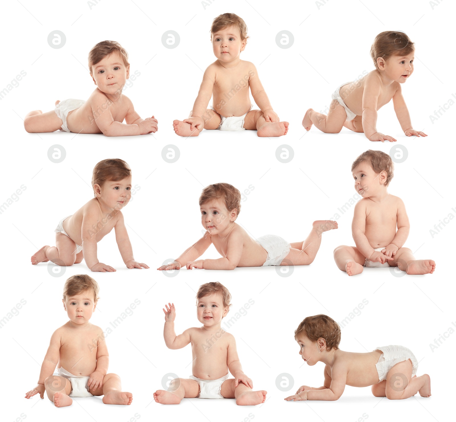 Cute little baby on white background, collage Image of Cute little baby on white background, collage
