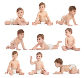 Image of Cute little baby on white background, collage