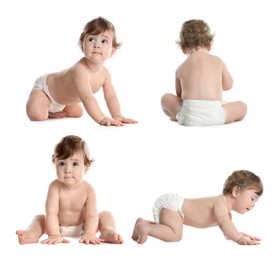 Image of Cute little baby on white background, collage