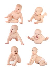 Image of Cute little baby on white background, collage