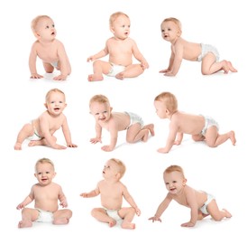 Image of Cute little baby on white background, collage