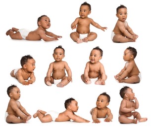Image of Cute little baby on white background, collage