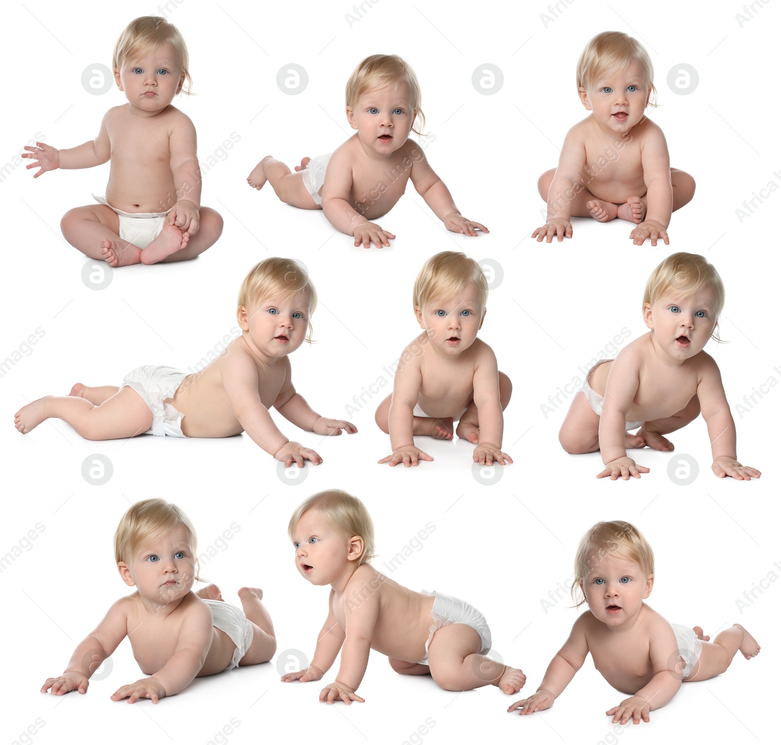 Cute little baby on white background, collage Image of Cute little baby on white background, collage
