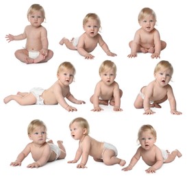 Image of Cute little baby on white background, collage
