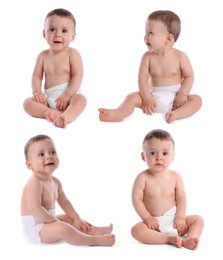 Image of Cute little baby on white background, collage