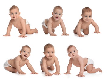 Image of Cute little baby on white background, collage