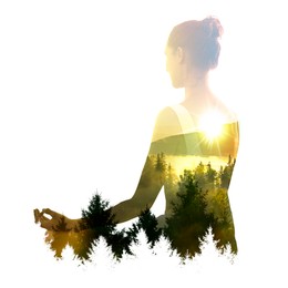Image of Woman meditating in lotus position against white background. Double exposure with mountain landscape at sunrise. Yoga revealing inner world
