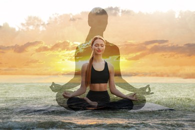 Image of Woman meditating in lotus position outdoors. Double exposure with seascape. Silhouette around her - as aura