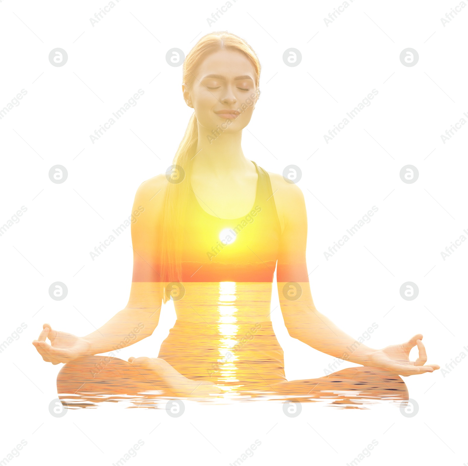 Woman meditating in lotus position against white background. Double exposure with seascape at sunset. Yoga revealing inner world Image of Woman meditating in lotus position against white background. Double exposure with seascape at sunset. Yoga revealing inner world