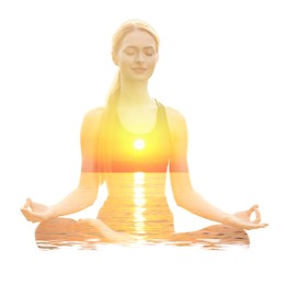 Image of Woman meditating in lotus position against white background. Double exposure with seascape at sunset. Yoga revealing inner world