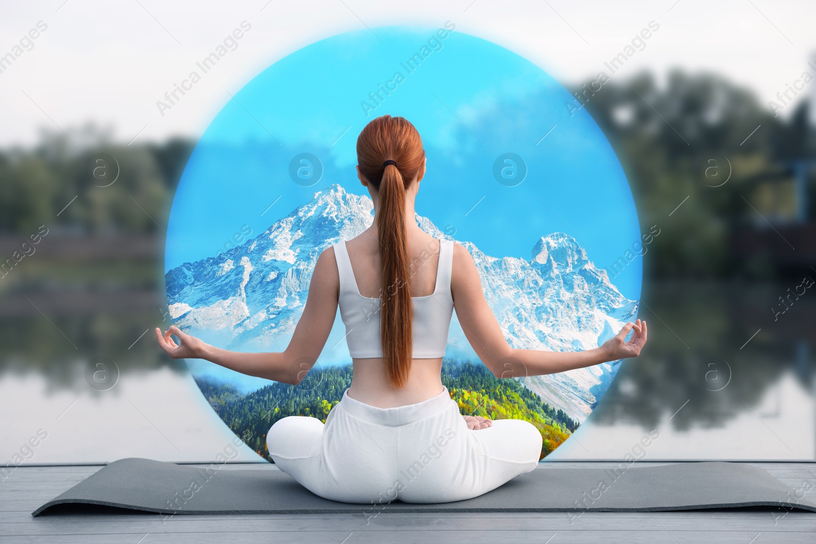 Woman meditating in lotus position on pier near river. Circle with mountain landscape in front her. Yoga revealing inner world Image of Woman meditating in lotus position on pier near river. Circle with mountain landscape in front her. Yoga revealing inner world