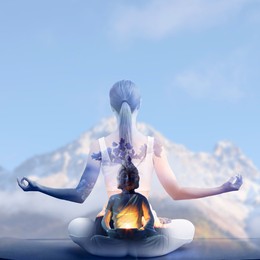Image of Woman meditating in lotus position. Multiple exposure with mountain landscape and figurine. Yoga empowering inner world