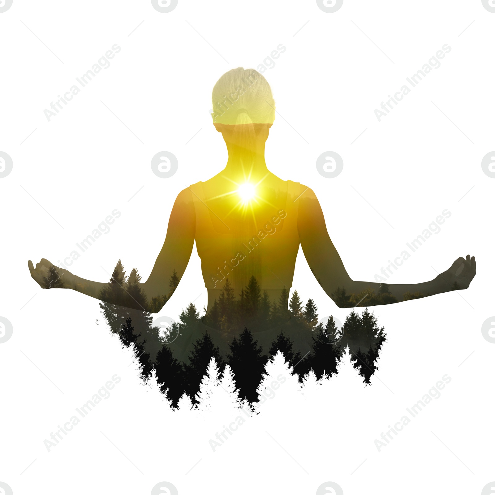 Image of Woman meditating in lotus position against white background. Double exposure with landscape at sunset. Yoga revealing inner world
