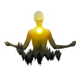 Image of Woman meditating in lotus position against white background. Double exposure with landscape at sunset. Yoga revealing inner world