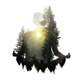 Image of Woman meditating in lotus position against white background. Double exposure with forest at sunrise. Yoga revealing inner world