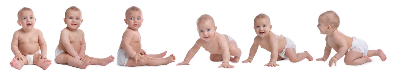 Image of Cute little baby on white background, collage