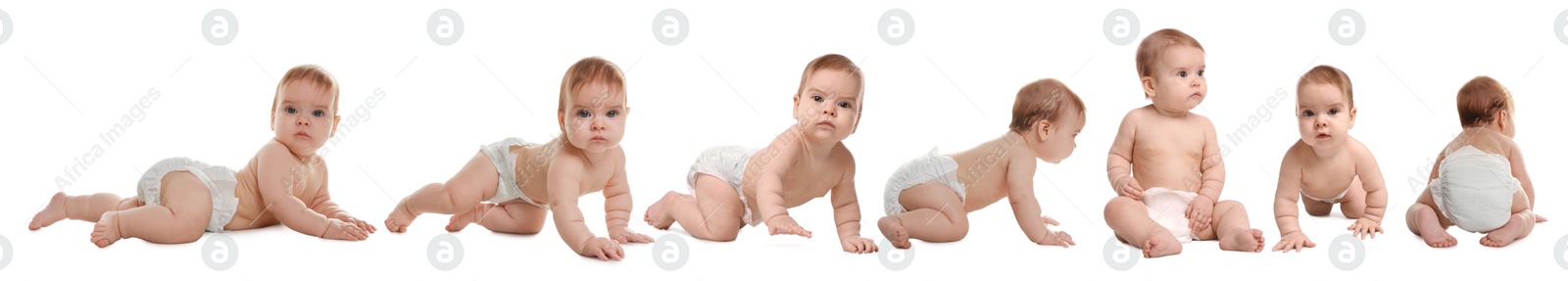 Cute little baby on white background, collage Image of Cute little baby on white background, collage