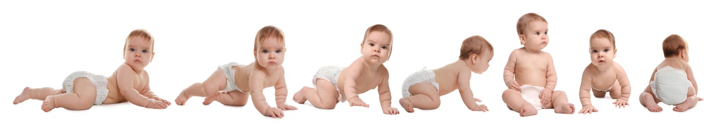Image of Cute little baby on white background, collage