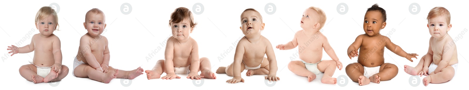 Cute little babies on white background, collage Image of Cute little babies on white background, collage