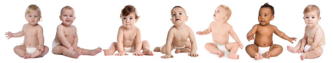 Image of Cute little babies on white background, collage