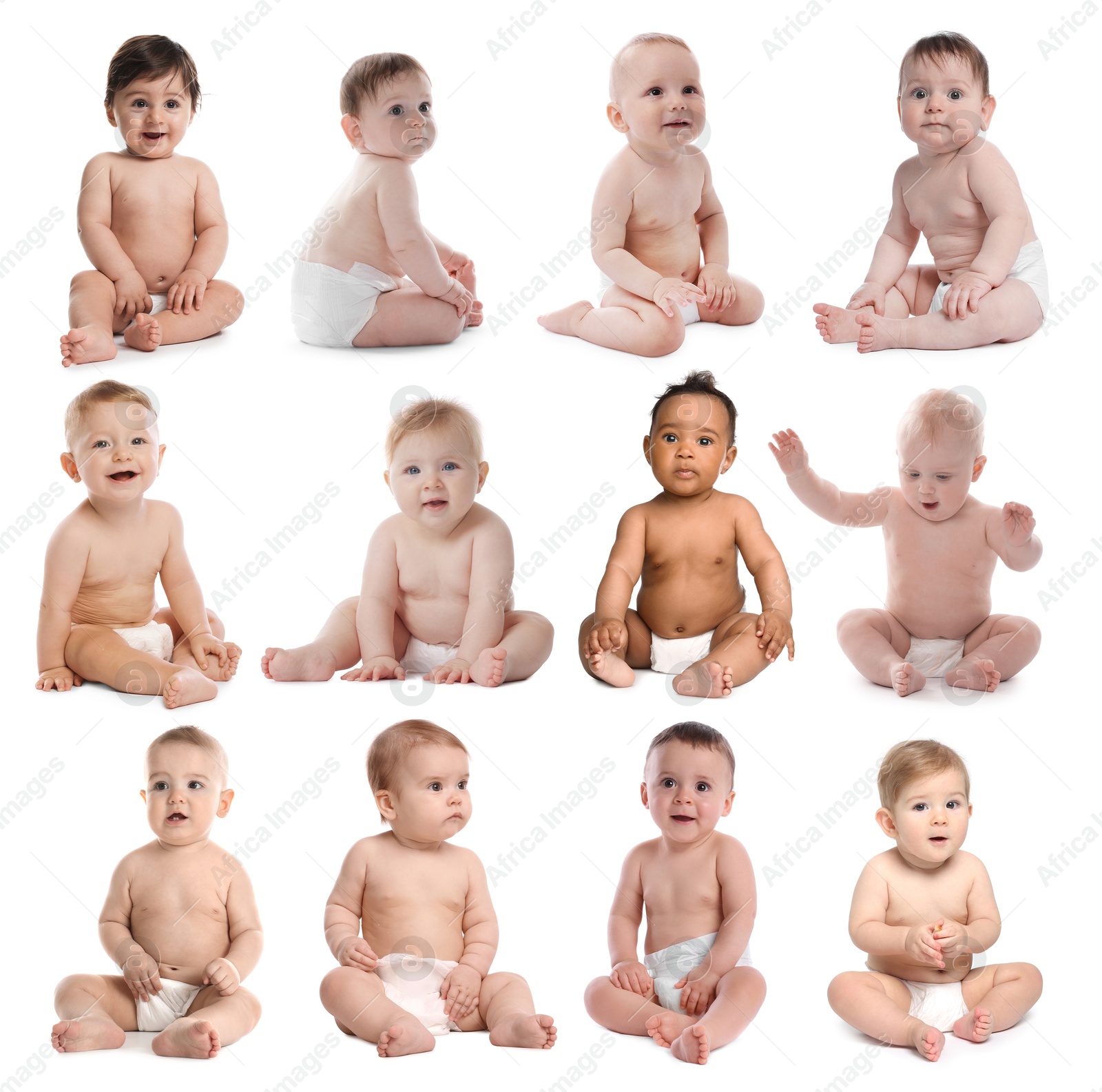 Cute little babies on white background, collage Image of Cute little babies on white background, collage