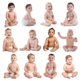 Image of Cute little babies on white background, collage