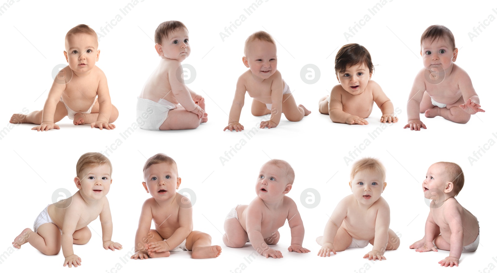 Cute little babies on white background, collage Image of Cute little babies on white background, collage
