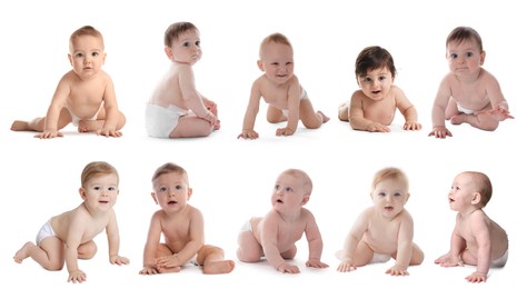 Image of Cute little babies on white background, collage