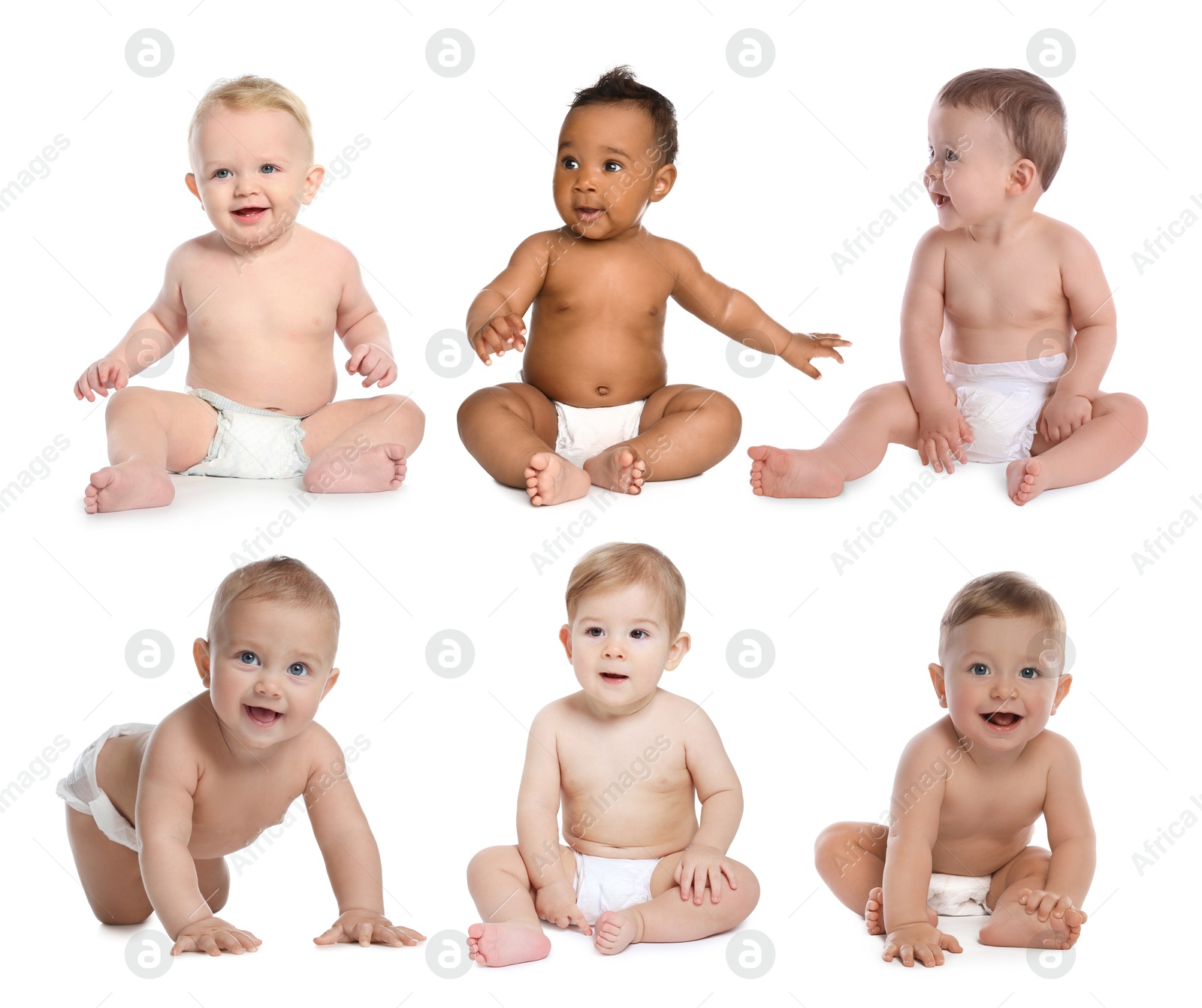Cute little babies on white background, collage Image of Cute little babies on white background, collage