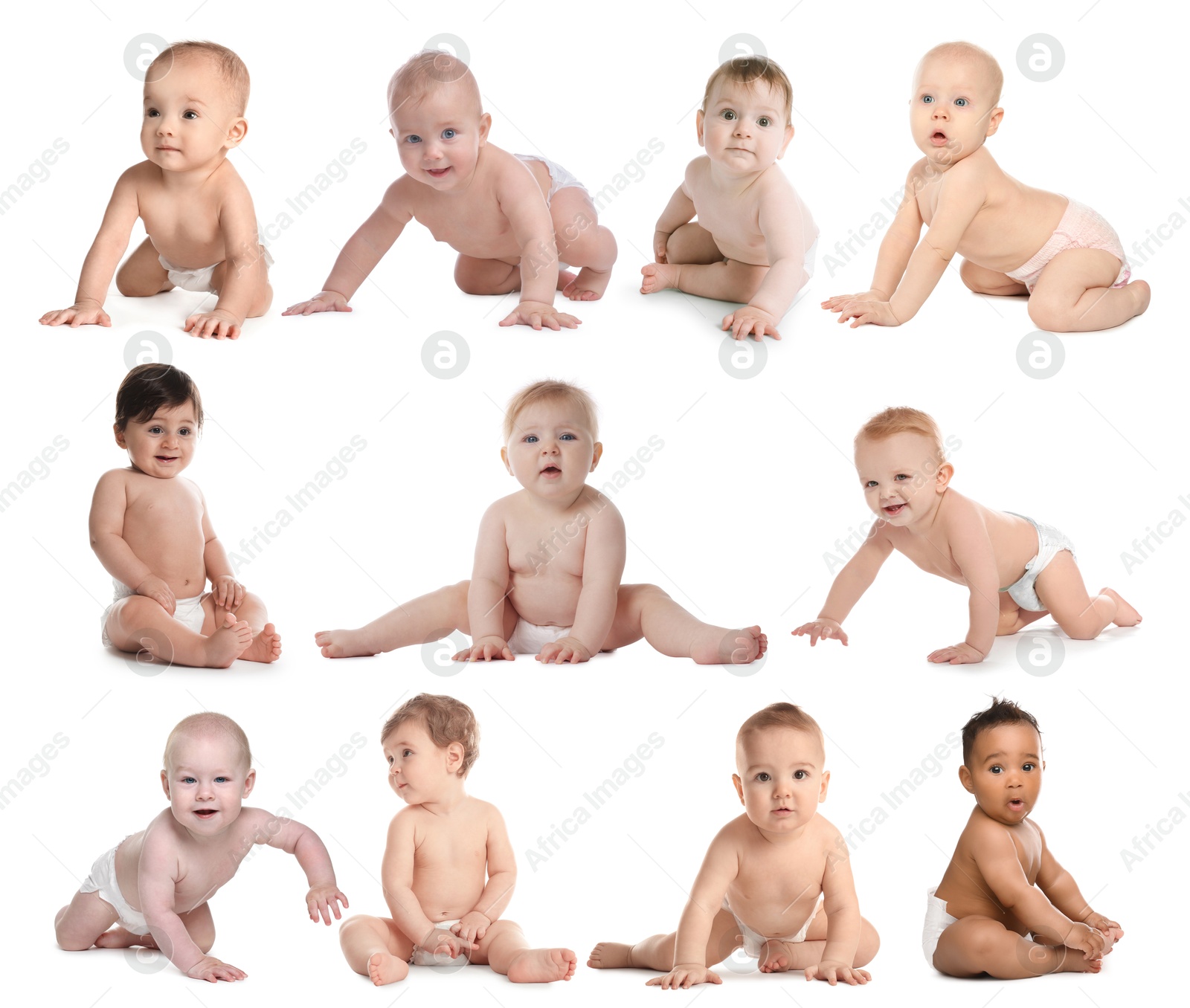 Cute little babies on white background, collage Image of Cute little babies on white background, collage
