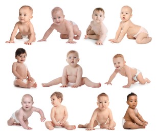 Image of Cute little babies on white background, collage