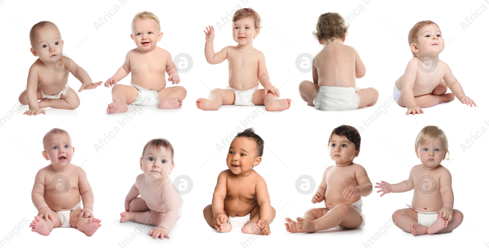 Cute little babies on white background, collage Image of Cute little babies on white background, collage