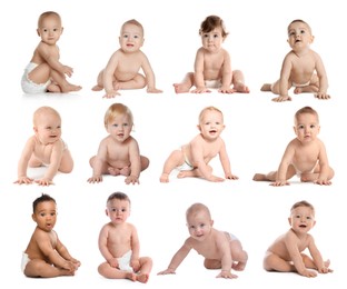 Image of Cute little babies on white background, collage