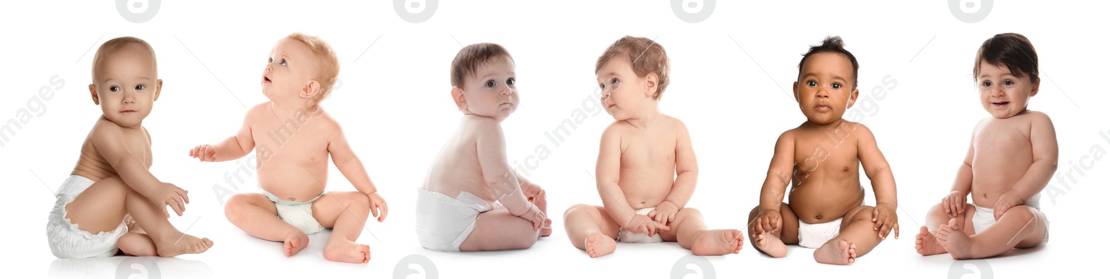 Cute little babies on white background, collage Image of Cute little babies on white background, collage