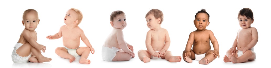 Image of Cute little babies on white background, collage