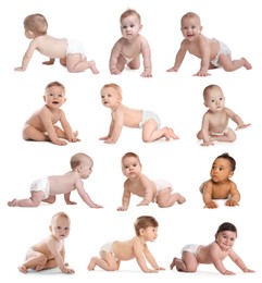 Image of Cute little babies on white background, collage