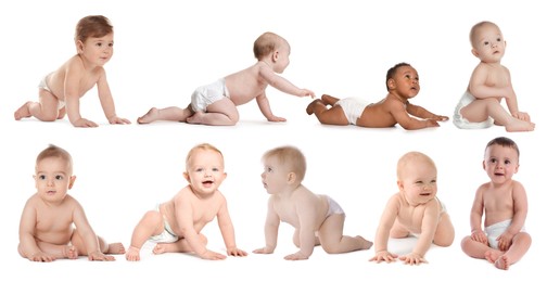 Image of Cute little babies on white background, collage