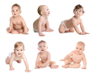 Image of Cute little babies on white background, collage