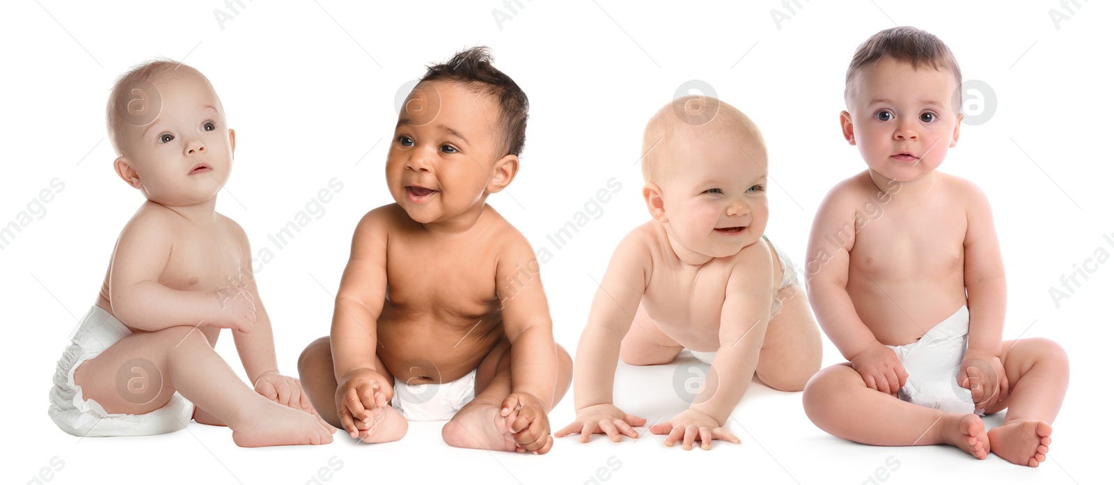 Cute little babies on white background, collage Image of Cute little babies on white background, collage