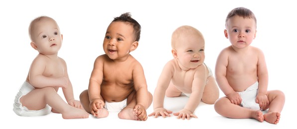 Image of Cute little babies on white background, collage