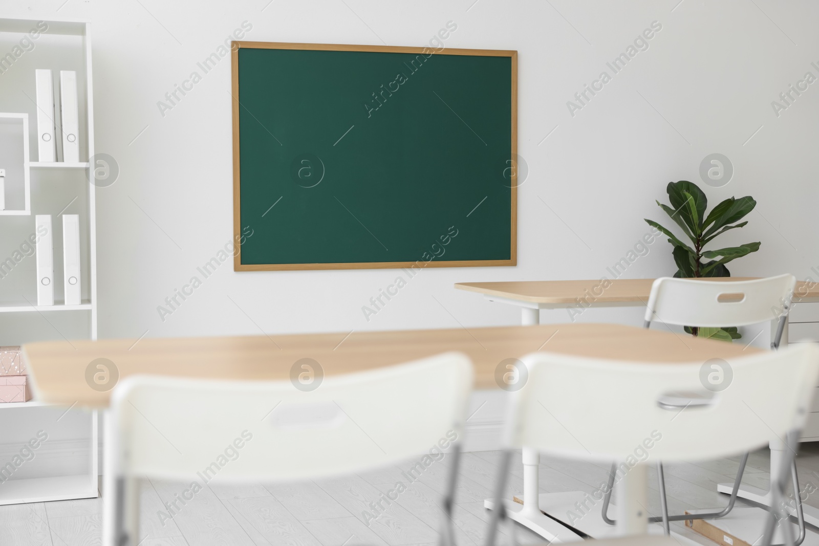 Photo of Blank green chalkboard, desks, chairs and plant in classroom