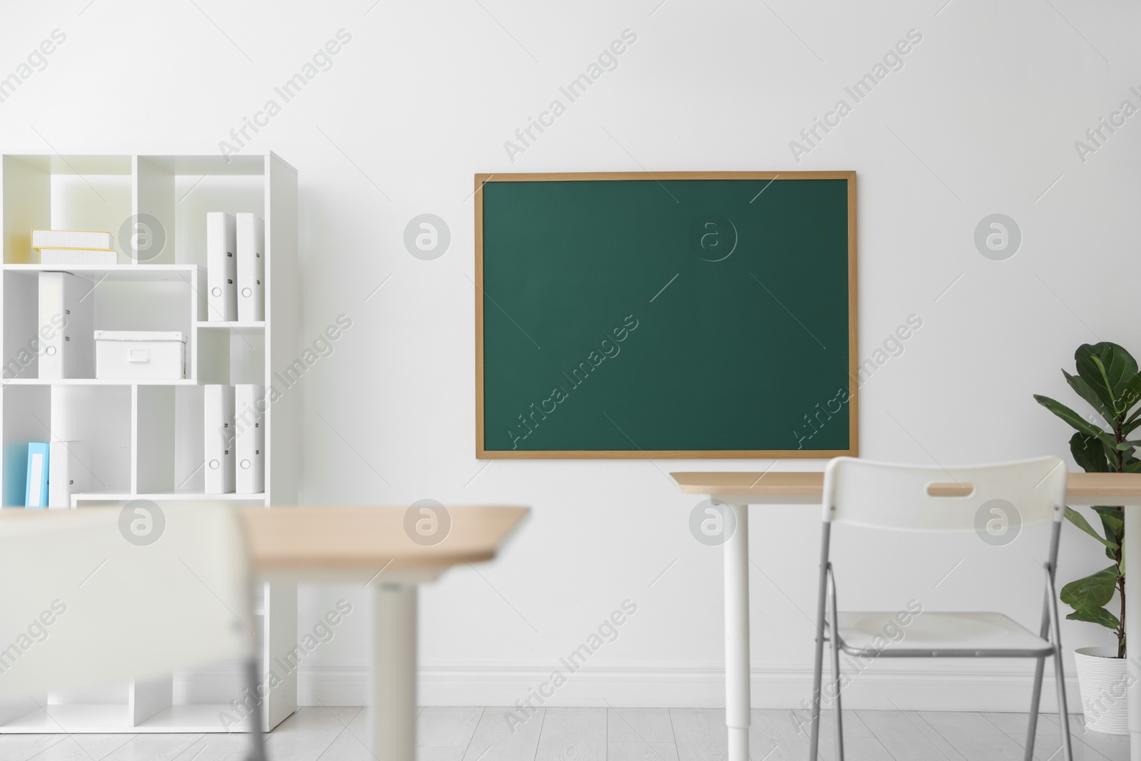 Photo of Blank green chalkboard, desks, chairs, shelving unit and plant in classroom