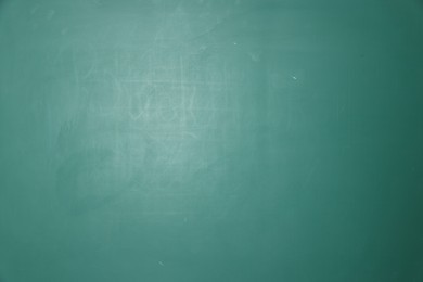 Photo of Blank green chalkboard as background, closeup view