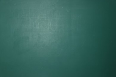 Photo of Blank green chalkboard as background, closeup view