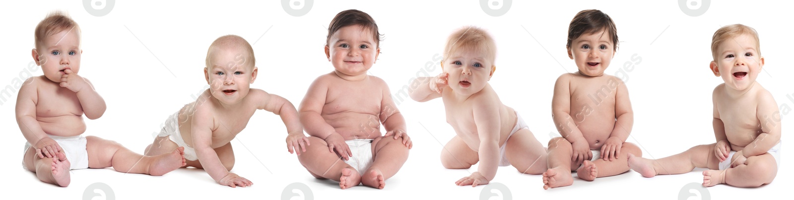 Cute little babies on white background, collage Image of Cute little babies on white background, collage