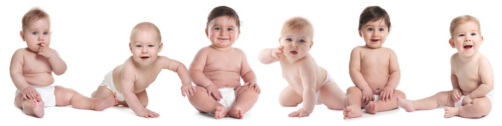 Image of Cute little babies on white background, collage