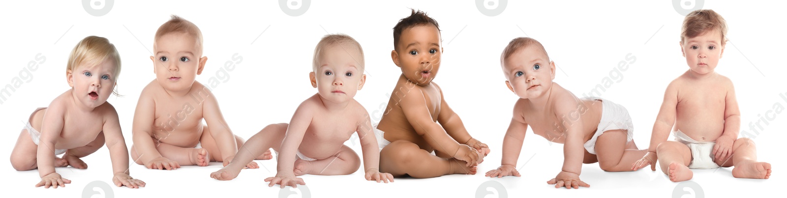 Cute little babies on white background, collage Image of Cute little babies on white background, collage